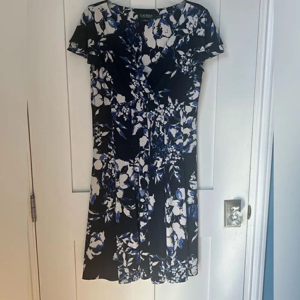 Lauren Ralph Lauren Navy Blue White Crossover V Neck Ruffle Sleeves Dress 12